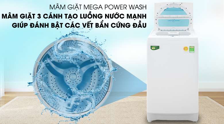 Sở hữu công nghệ Mega Power, máy giặt Toshiba AW-F920LV WB với mâm giặt 3 cánh tạo nên dòng nước ba chiều mạnh mẽ