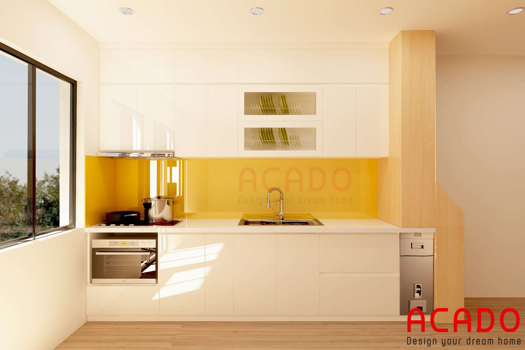Tủ bếp Acrylic trắng bóng gương mang đến không gian bếp hiện đại, sang trọng