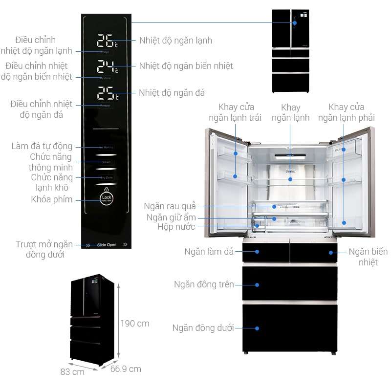 Phác hoạ tổng quát tủ lạnh Aqua inverter 515 lít AQR-IG686AM-GB