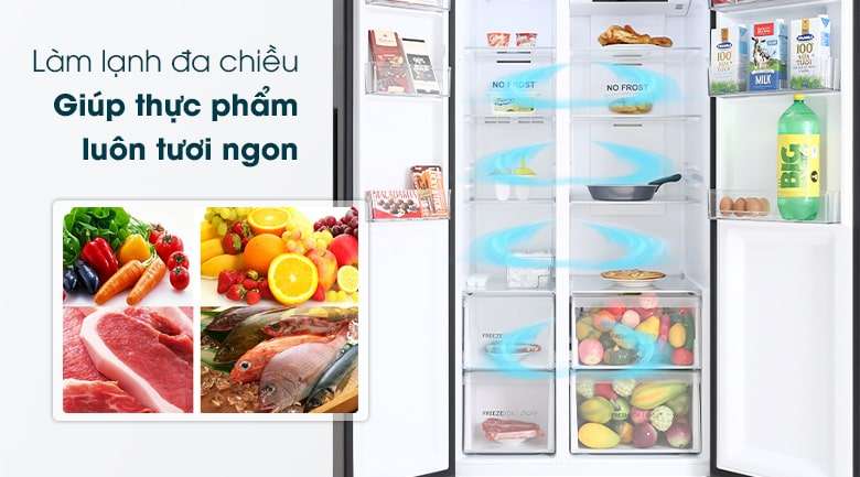 Tủ lạnh Aqua AQR-S541XA giúp làm lạnh thực phẩm toàn diện hơn nhờ chế độ làm lạnh đa chiều