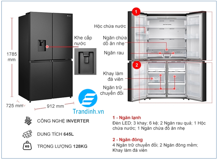 2. Tủ lạnh Casper 4 cánh RM-680VBW inverter 645 lít