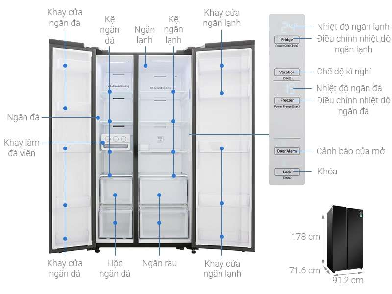 1. Phác hoạ tổng quát tủ lạnh Samsung side by side RS62R5001B4/SV