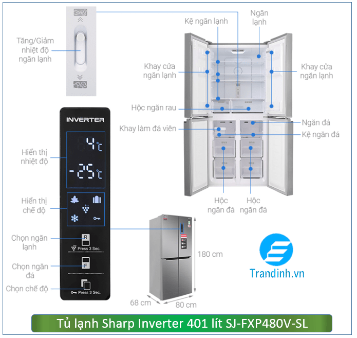 Tủ lạnh Sharp Inverter 401 lít SJ-FXP480V-SL - giá khoảng 17.000.000