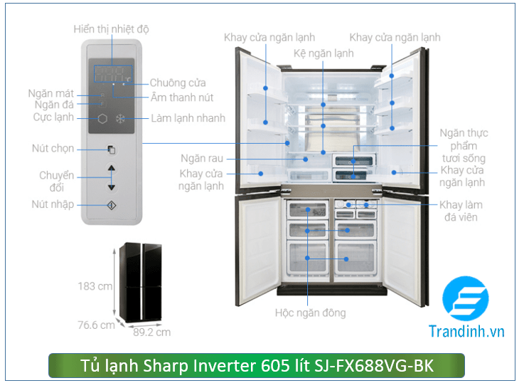 Tủ lạnh Sharp Inverter 605 lít SJ-FX688VG-BK - giá khoảng 20.600.000