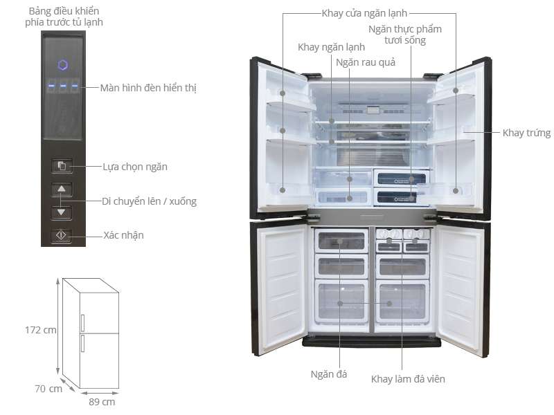 chi tiết kích thước chức năng tủ lạnh sharp