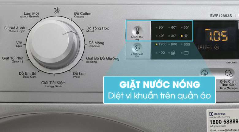 Chế độ giặt nước nóng - Máy giặt Electrolux Inverter 8 kg EWF12853S